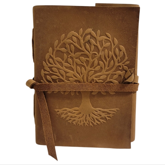 Brown Leather Wrapped Natural Handmade Paper Journal with Embossed Tree Pattern - Picture 1 of 4